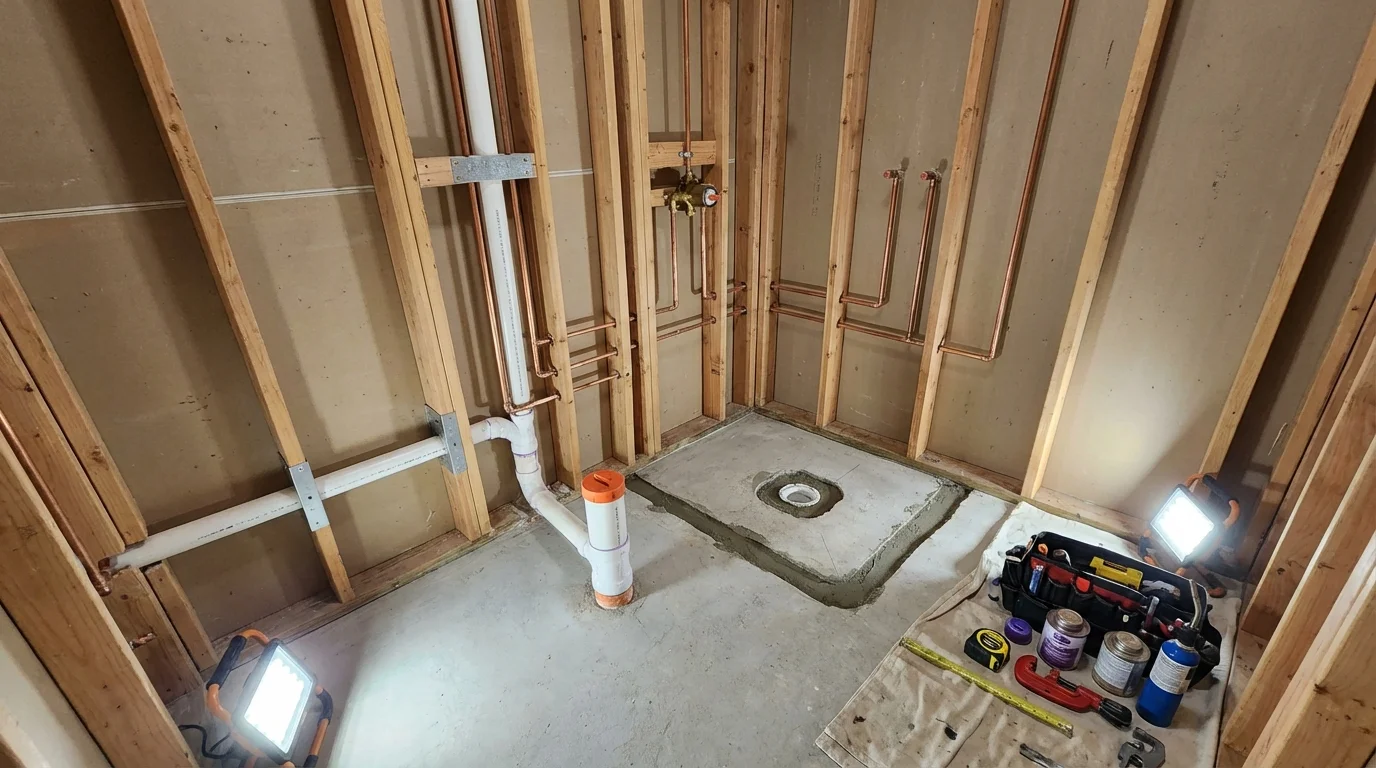 Bathroom rough-in plumbing during remodel by Johns Plumbing LLC in Hodgenville