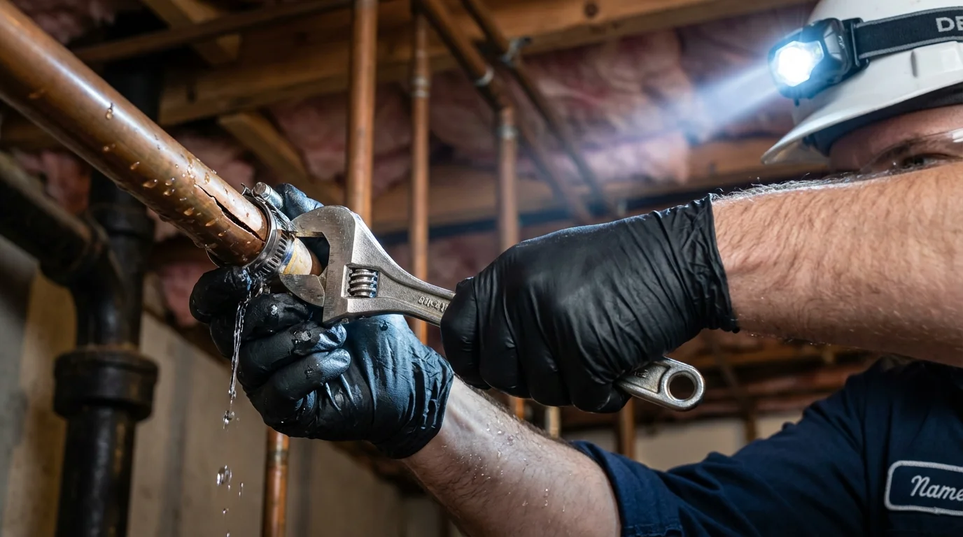 Emergency pipe clamp repair being performed by a Johns Plumbing LLC plumber in Hodgenville