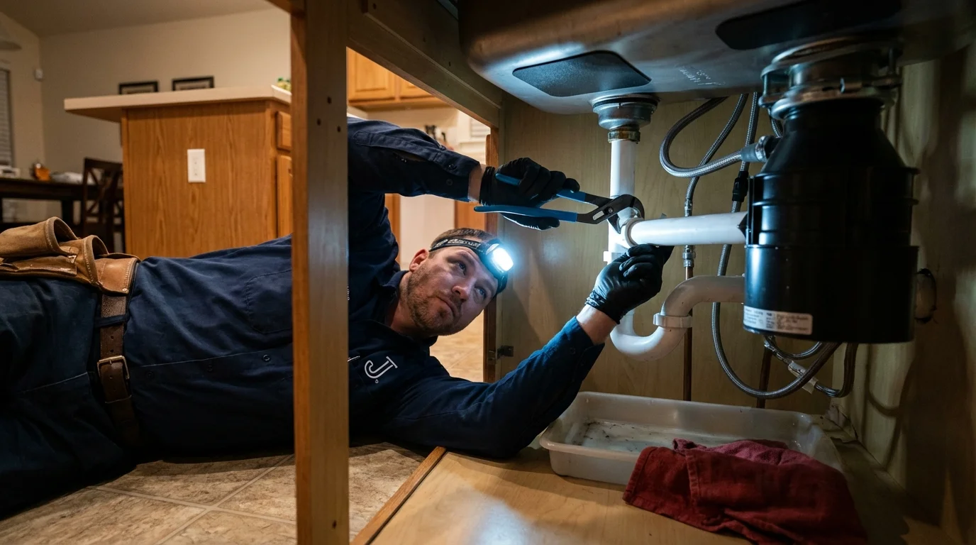 P-trap and supply line connections under a kitchen sink showing a common leak point in Hodgenville, KY
